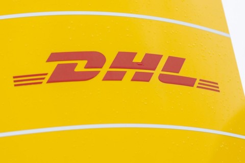 The logo of the DHL company at a distribution centre in Hanover