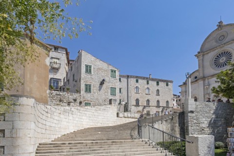 Staircase leading to the Renaissance Cathedral of St. James in the historic city centre of