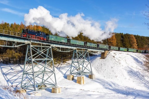 Steam train of the Fichtelbergbahn railway Steam locomotive on a bridge in winter in Oberwiesenthal