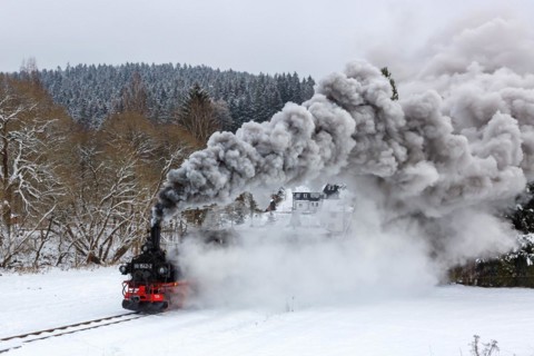 Pressnitztalbahn railway steam train Steam locomotive in winter in Schmalzgrube