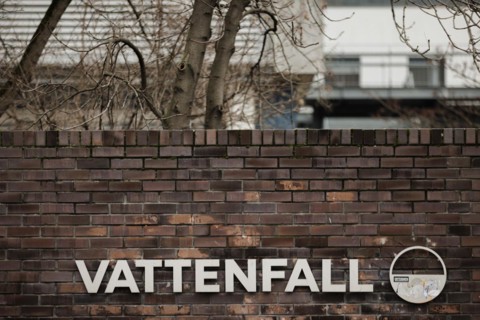 The lettering of the Vattenfall company at their site in Berlin. 04.02.2022.