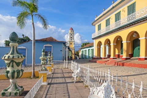 Plaza Mayor and bell tower of the church and former monastery