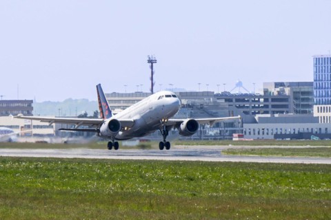Airbus A319-111 from Brussels Airlines taking off from runway at the Brussels-National airport