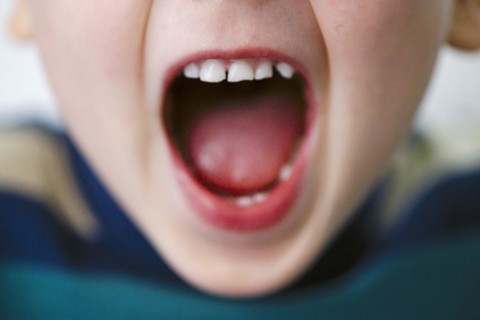 Symbol photo. A boy screams while showing his open mouth. Berlin