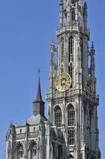 Tower of the Gothic Roman Catholic Cathedral of Our Lady in Antwerp showing flying buttresses and flamboyant tracery