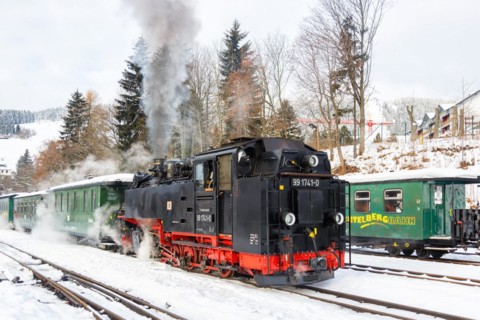 Fichtelbergbahn Railway steam train in winter in Oberwiesenthal