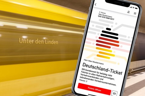 Germany ticket D-ticket or 49 euro ticket on a mobile phone with metro underground photo montage in Berlin