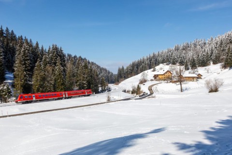Regional train of Deutsche Bahn DB Bombardier Transportation RegioSwinger tilting technology in Allgaeu Bavaria in Oberstaufen