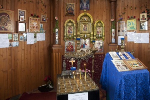 Interior of the wooden Russian Orthodox church in Pomor style at Barentsburg