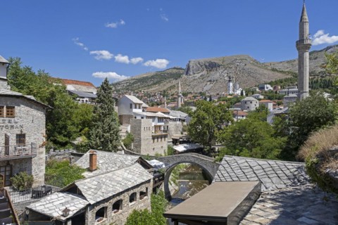 View over the historic 16th century Old Town of Mostar