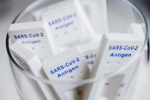Negative SARS-CoV-2 Rapid Ag Antigen rapid tests are in a jar. Berlin