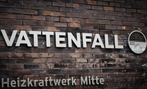 The lettering of the Vattenfall company at their site in Berlin. 04.02.2022.