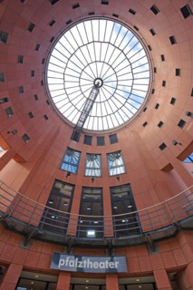 View up to the glass window in the vestibule of the modern Pfalztheater