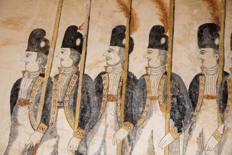 Old painting of soldiers in the Jesuit Mission church of San Jose de Chiquitos