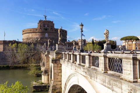 Tourists on Castel Sant'Angelo and Aelius Bridge over the Tiber