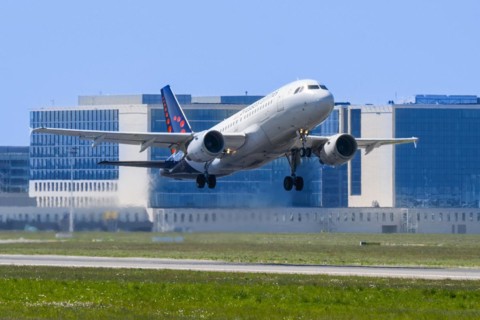 Airbus A319-111 from Brussels Airlines taking off from runway at the Brussels-National airport