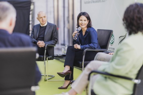 (L-R) Bernd Neuendorf, President of the DFB, Annalena Baerbock (Buendnis 90 Die Gruenen), Federal