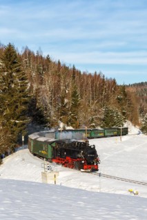 Fichtelbergbahn Railway steam train in winter in Oberwiesenthal