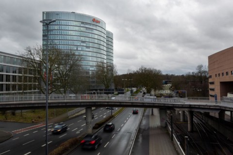 A lettering of the company e.on at their headquarters in Essen