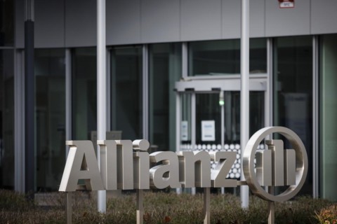 The Allianz company logo at their site in Berlin. 04.02.2022.