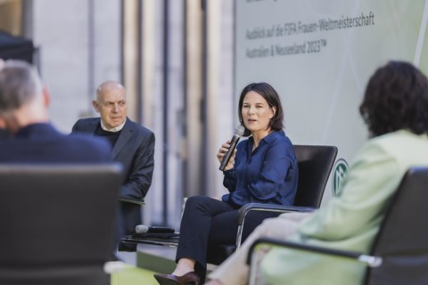 (L-R) Bernd Neuendorf, President of the DFB, Annalena Baerbock (Buendnis 90 Die Gruenen), Federal