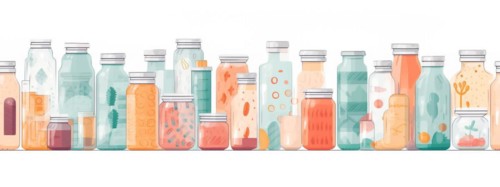 Seamless tileable rows of medicine and drug bottles with pills on a white background