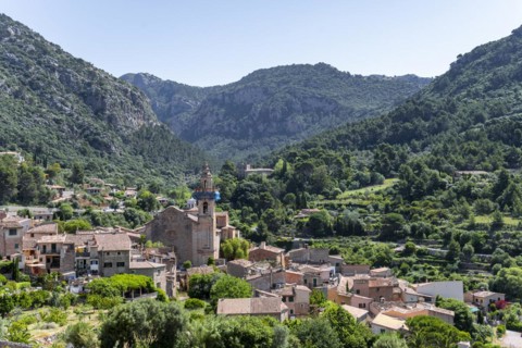 View of Valldemossa mountain village with typical stone houses