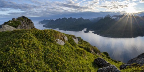 View of Fjord Raftsund and mountains in the evening light