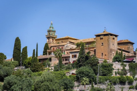 View of Valldemossa mountain village with typical stone houses