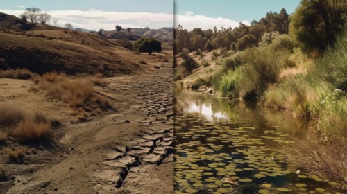 Bafore and after reservoir dried up to full and thriving filled with water