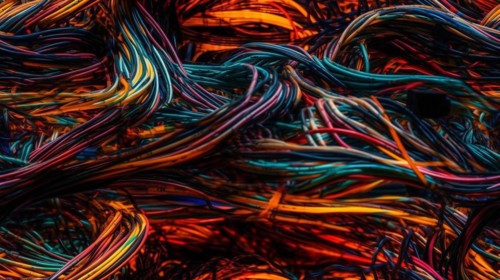 Truly seamless tile of colorful computer cables and wires abstract background