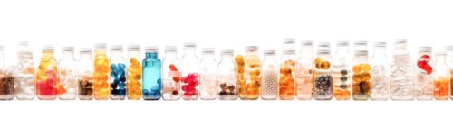 Seamless tileable rows of medicine and drug bottles with pills on a white background