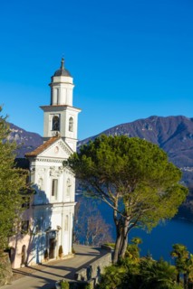 Church of Saints Fedele and Simone and Lake Lugano with Mountain in a Sunny Day in Vico Morcote