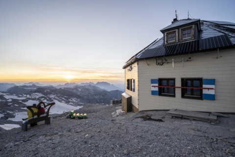 Matrashaus mountain hut at the summit of the Hochkoenig at sunset
