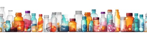 Seamless tileable rows of medicine and drug bottles with pills on a white background