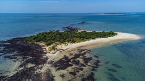 Aerial of a little islet in the Marinho Joao Vieira e Poilao National Park