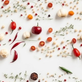 Truly seamless tile of overhead photograph of A variety of vegetables and spices
