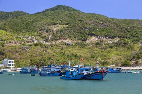 Coastal landscape with fishing boats