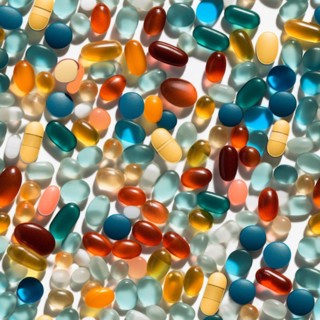 Seamless tile overhead photo of A variety of presciption pills and drugs