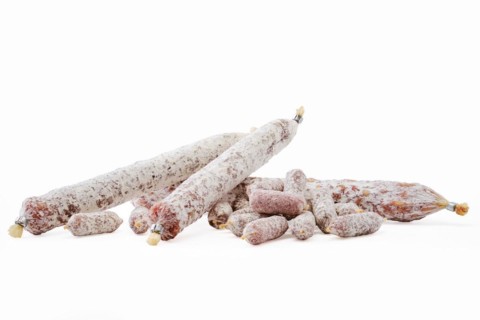 Assortment of fermented sausage covered with white mold