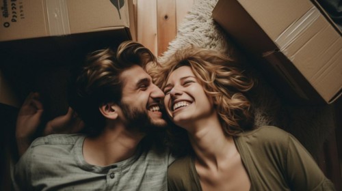 Happy young adult couple laying on the floor of their new home with moving boxes surrounding them