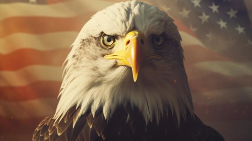 Close-up of an american bald eagle head over an american flag abstract background