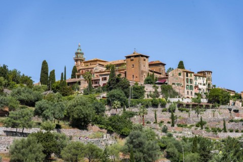 View of Valldemossa mountain village with typical stone houses