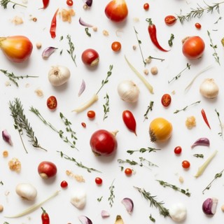 Truly seamless tile of overhead photograph of A variety of vegetables and spices
