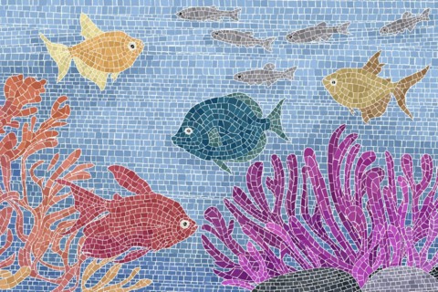 Underwater scene with colored fishes and plants