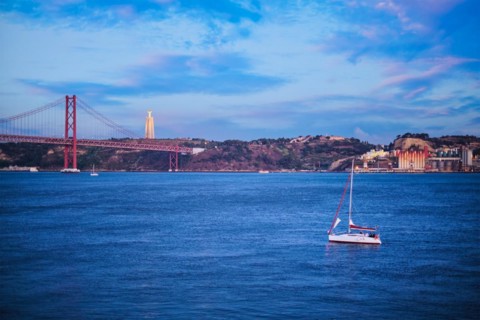 View of 25 de Abril Bridge over Tagus river