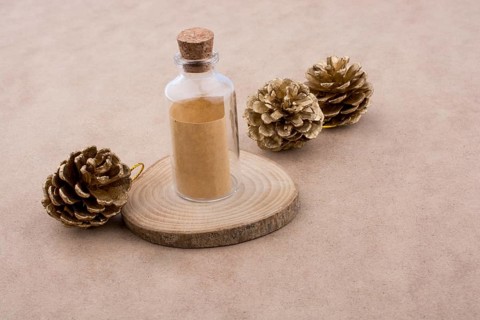 Pine cones and a bottle on a piece of cut wood on a light brown background