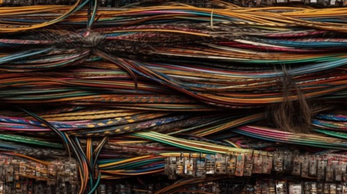 Truly seamless tile of colorful computer cables and wires abstract background