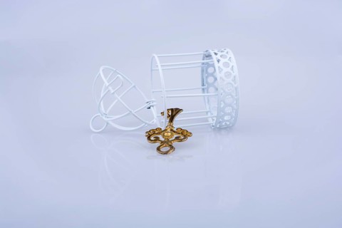 Retro styled key by the side of a bird cage on white background