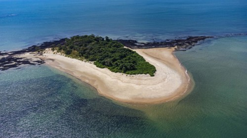 Aerial of a little islet in the Marinho Joao Vieira e Poilao National Park